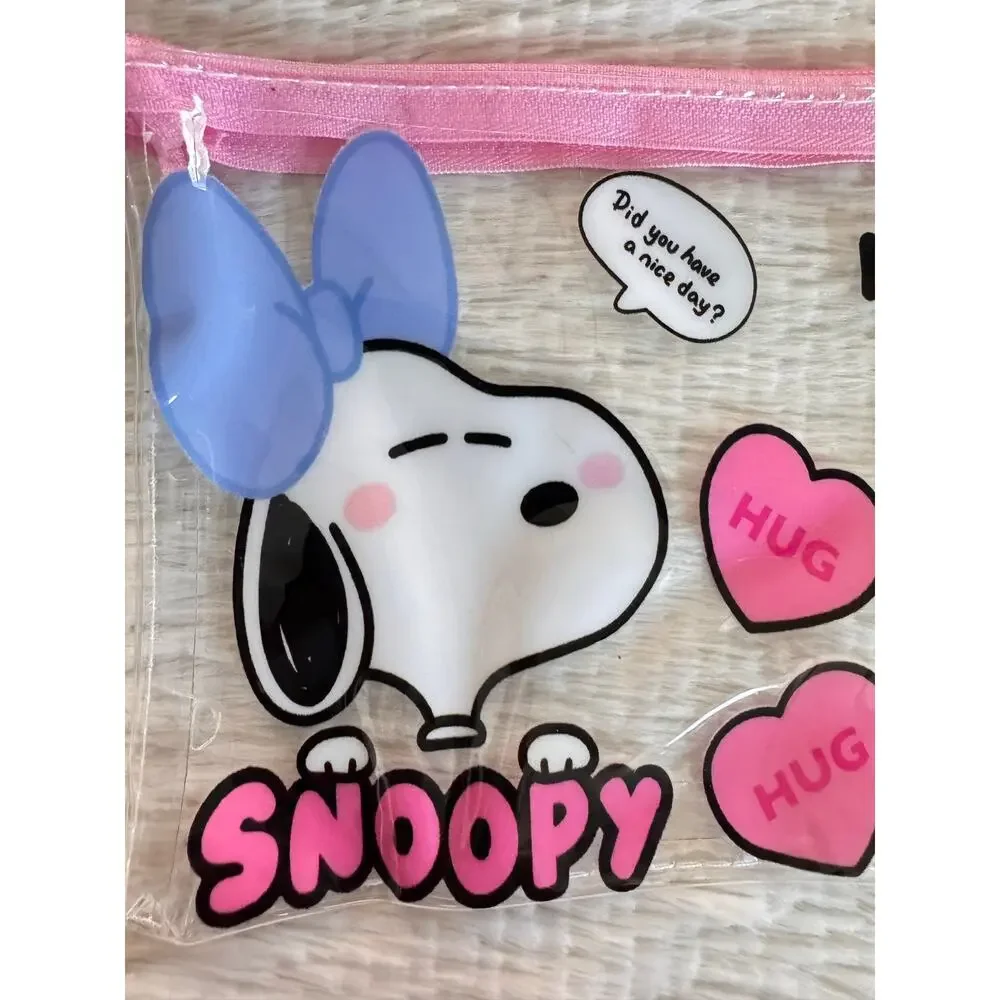 Snoopy Belle clear pouch keychain pink zipper Snoopy hearts and text